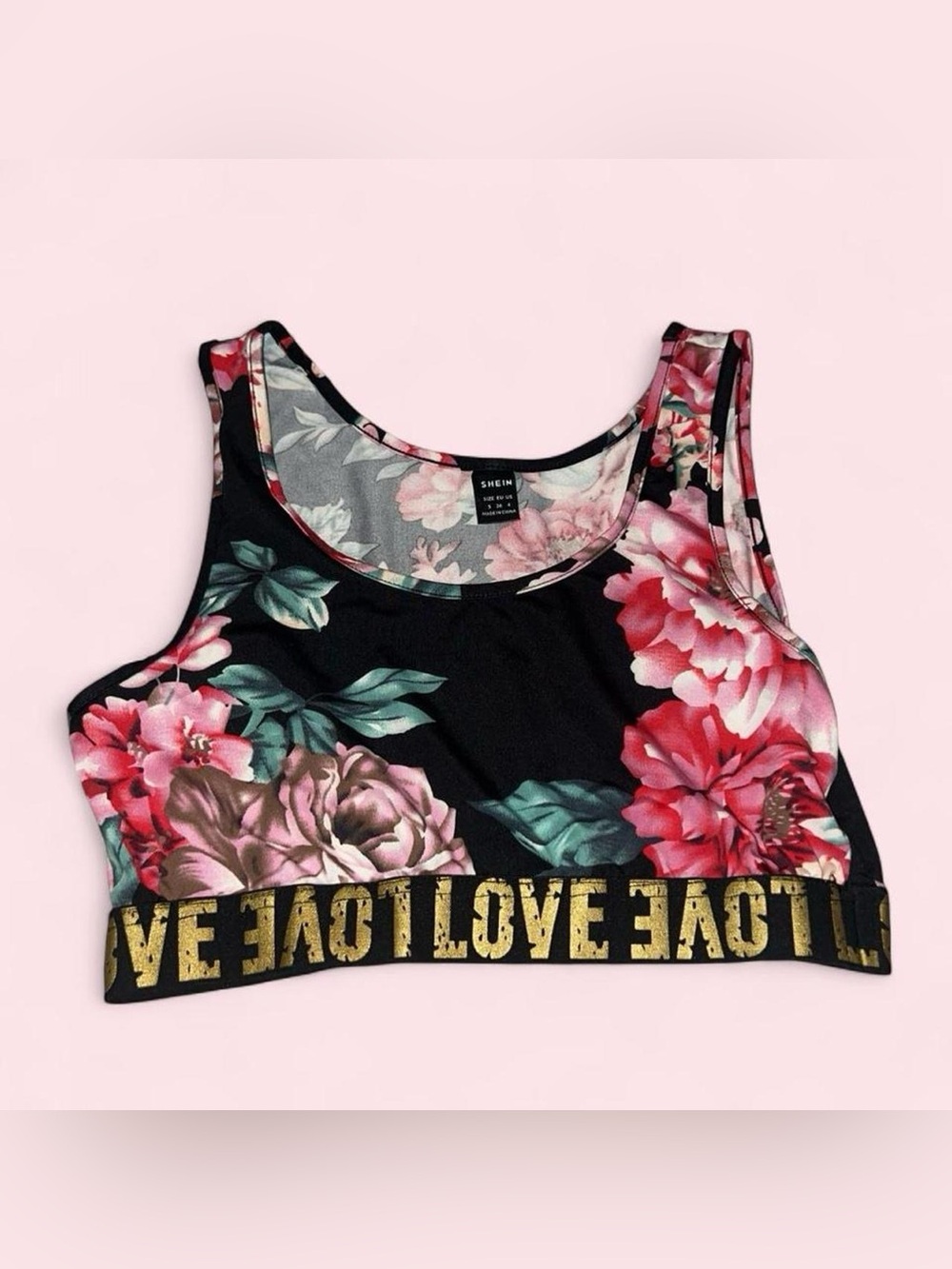 SHEIN Black Floral Crop Sports Bra with Gold LOVE Band